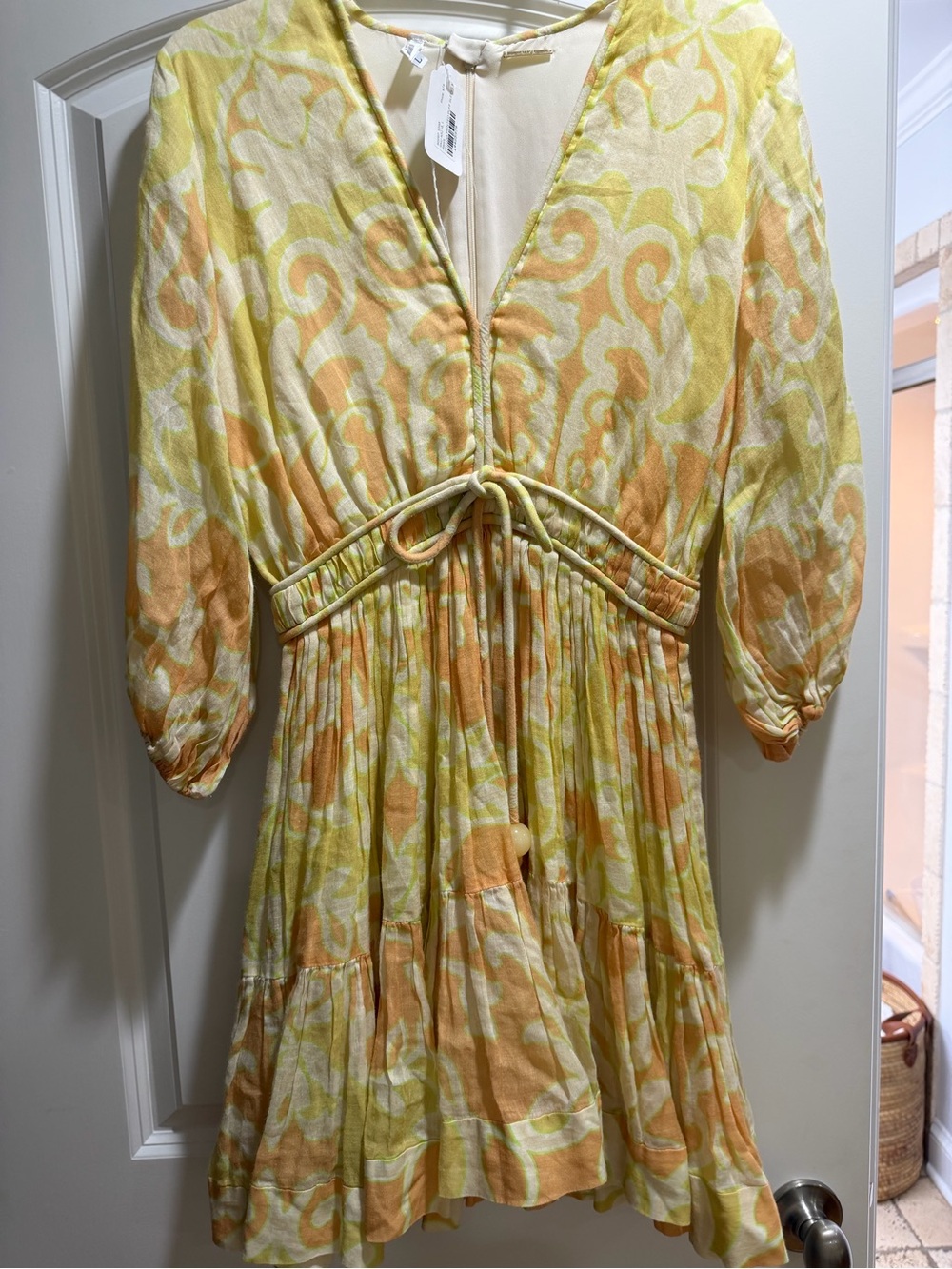 Alexis Yellow and Orange Swirl Tie-Waist Midi Dress